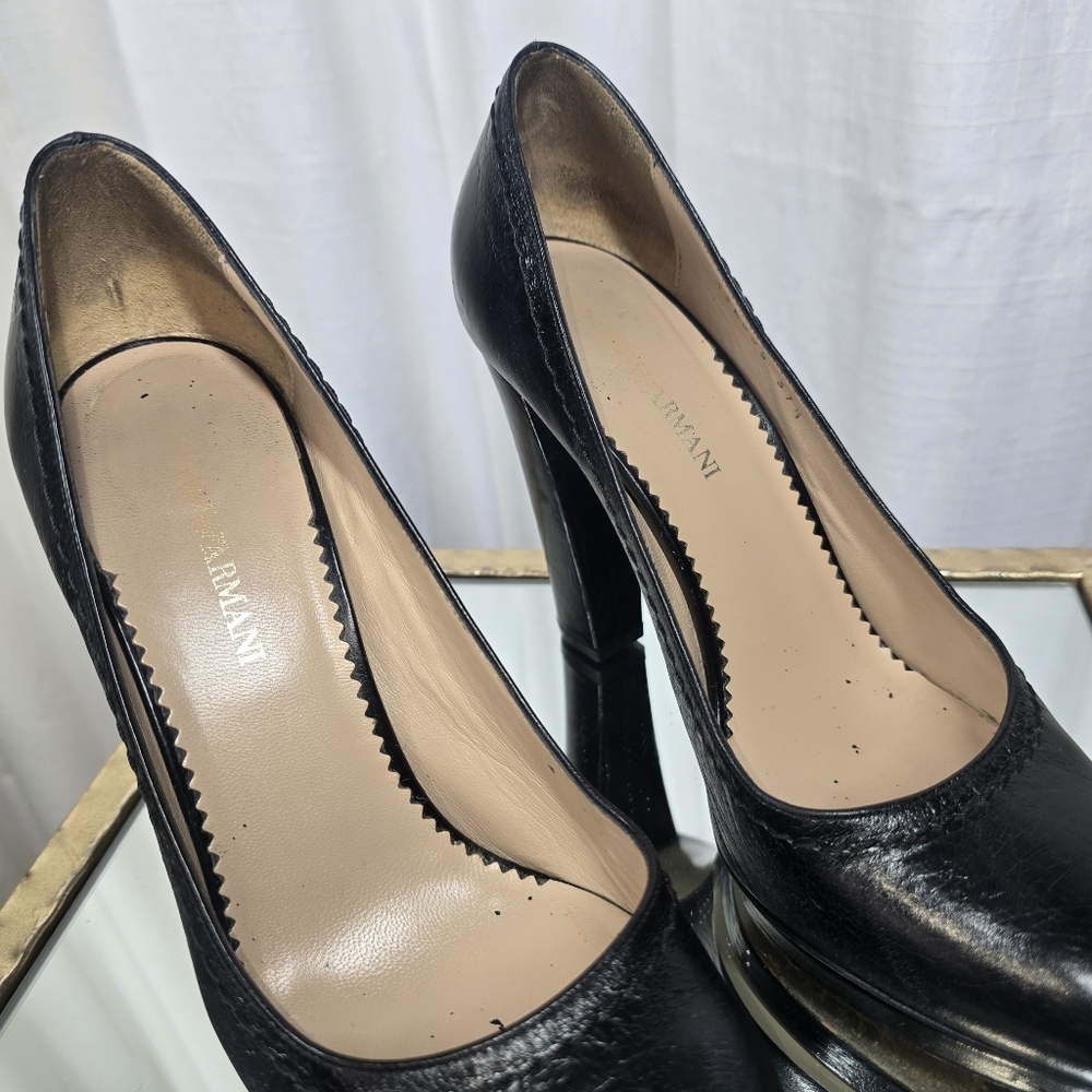 Emporio Armani Black Leather Pumps Block Heels - Picture 5 of 15